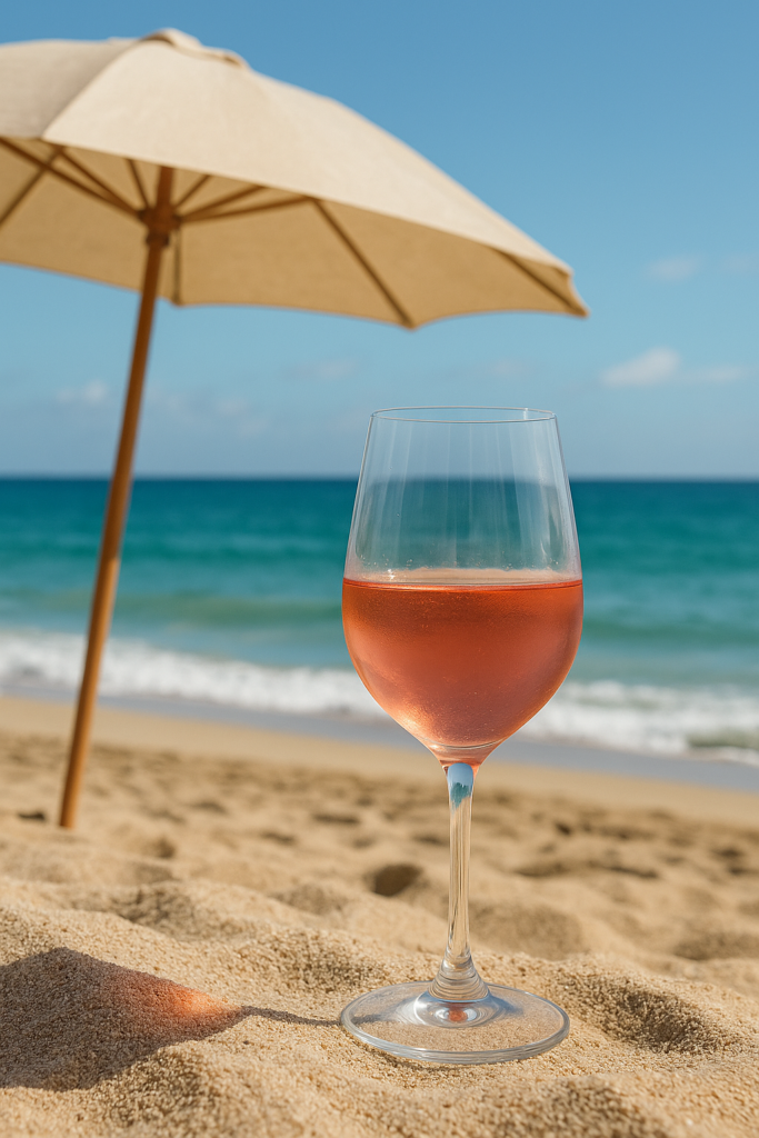 Verre de vin rosé sur la plage à l'ombre d'un parasol