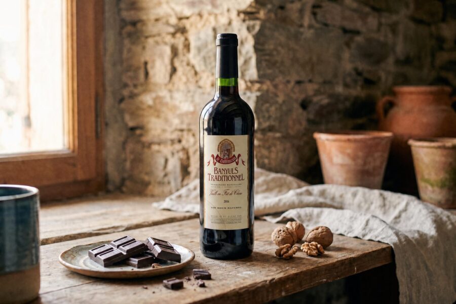 Bouteille de Banyuls Traditionnel Le Dominicain sur une table en bois, chocolat noir et cerneaux de noix