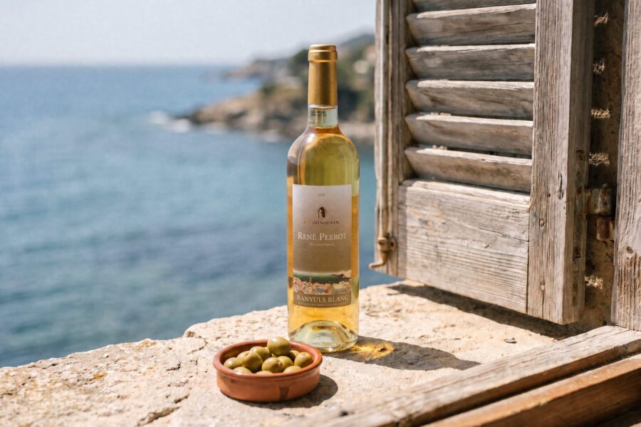 Bouteille de Banyuls Blanc René Perrot sur un rebord de fenêtre face à la mer, coupelle d'olives vertes