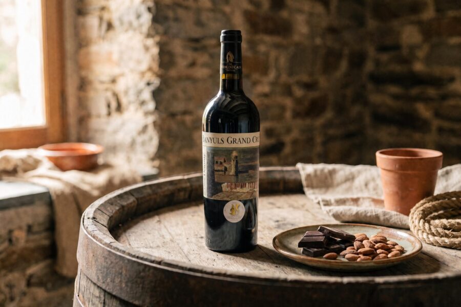 Bouteille de Banyuls Grand Cru Camille Descossy sur un tonneau, assiette de chocolat noir et d'amandes