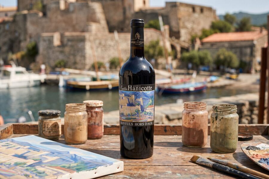 Bouteille de Banyuls Hors d'Âge Cuvée Hanicotte devant le port de Collioure, pots de peinture d'artiste