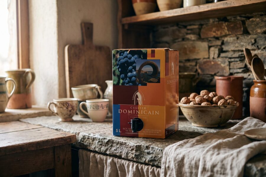 Bag-in-box 5 litres de Banyuls Traditionnel Le Dominicain sur un plan de travail, cerneaux de noix