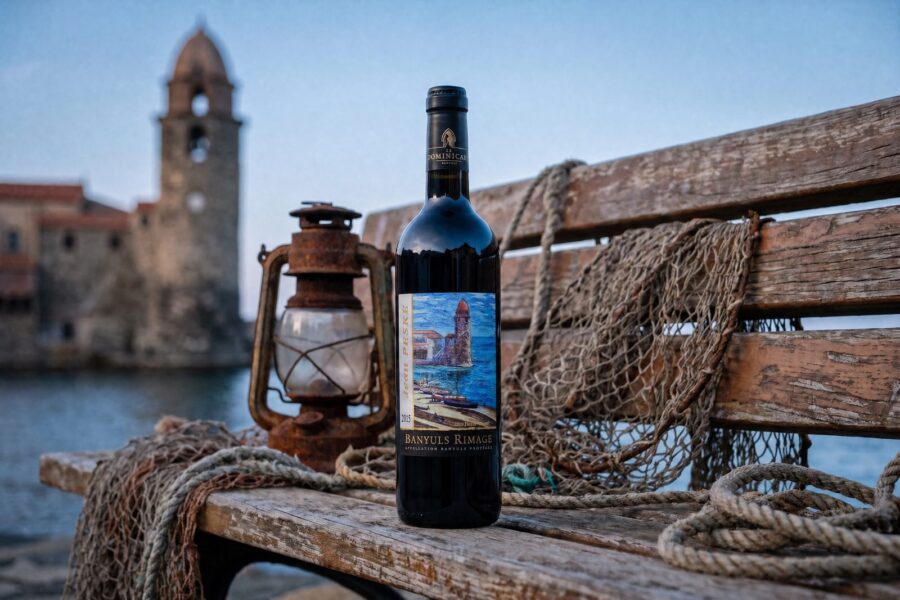 Bouteille de Banyuls Rimage Jean Peské sur un banc du port de Collioure, lanterne et filets de pêche