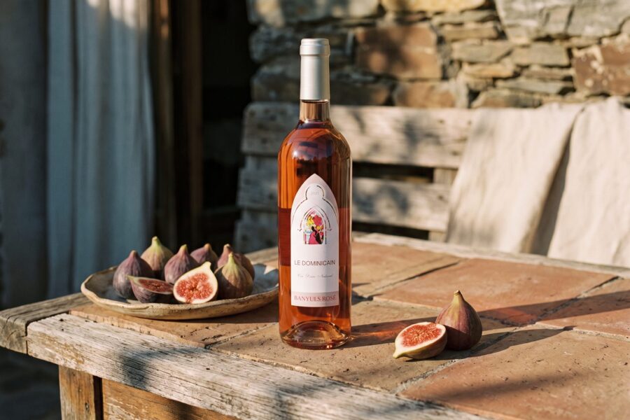 Bouteille de Banyuls rosé Le Dominicain sur une table en bois, figues fraîches coupées