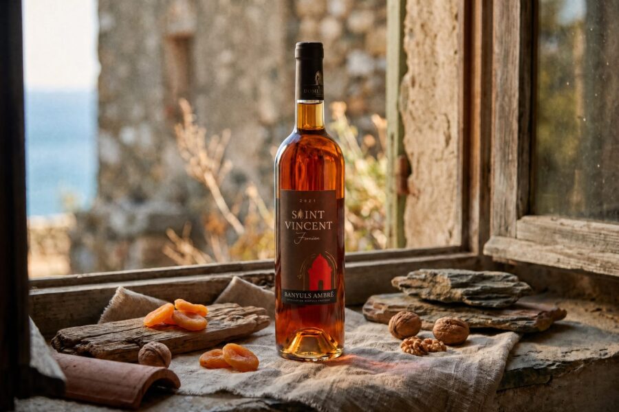 Bouteille de Banyuls Ambré Saint Vincent Ferrier, abricots secs et cerneaux de noix