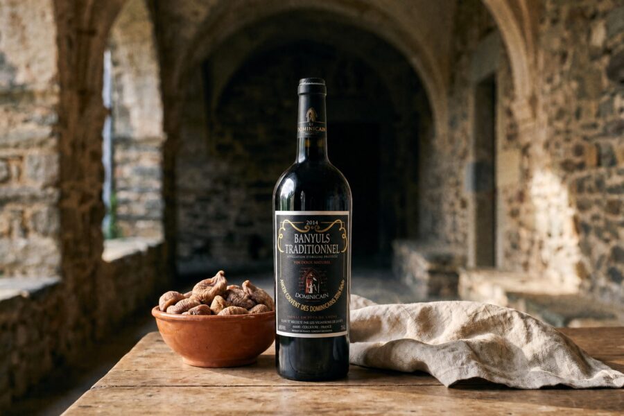 Bouteille de Banyuls Traditionnel Ancien Couvent des Dominicains sous les voûtes du cloître, coupe de figues sèches