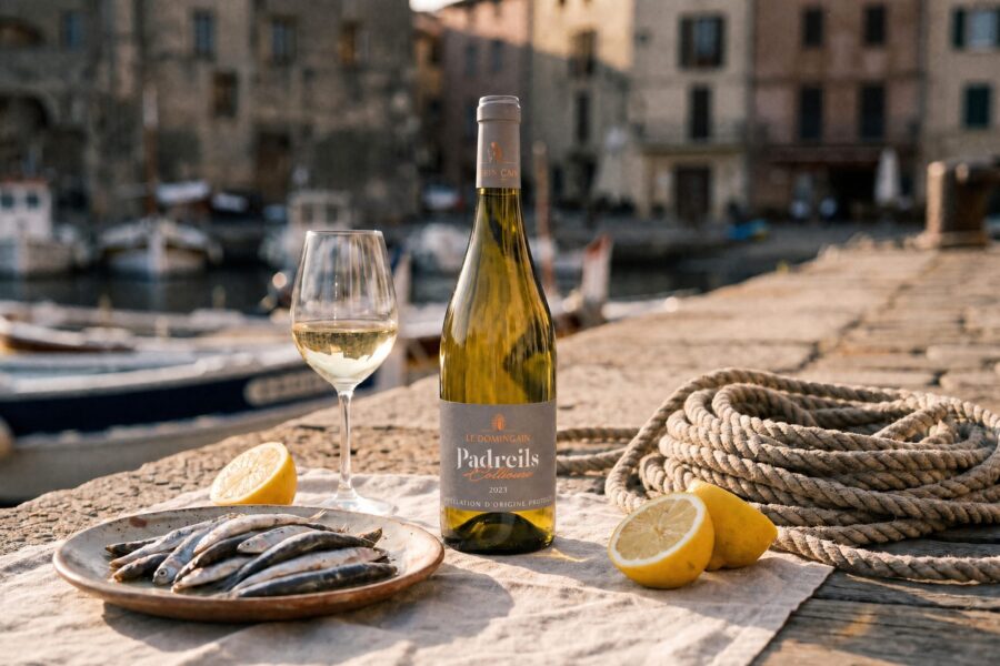Bouteille de Collioure Padreils blanc sur le quai du port de Collioure, assiette d'anchois et citrons