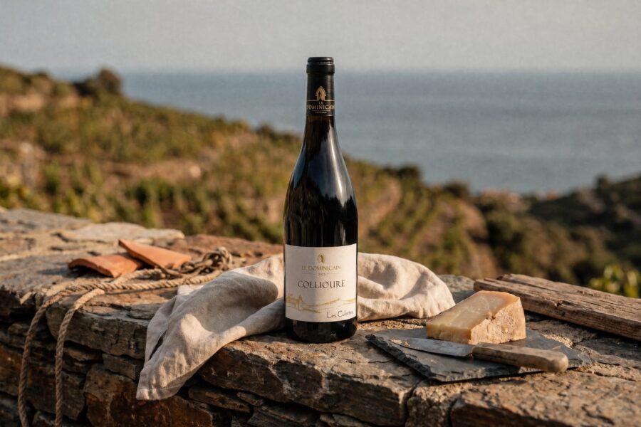 Bouteille de Collioure Les Culottes sur un muret de pierre sèche, fromage de brebis et vignes en terrasses