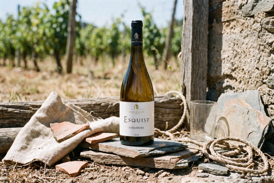 Bouteille d'Esquist Collioure au pied d'une vigne en terrasses, dalles de schiste et cordage