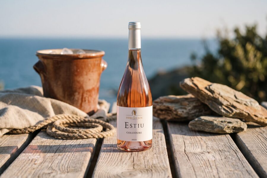 Bouteille d'Estiu Collioure rosé au bord de mer, jarre en terre cuite et rochers de schiste