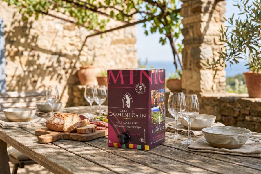 Bag-in-box 5 litres de Collioure rouge Cellier Dominicain sur une table sous la treille, pain et verres
