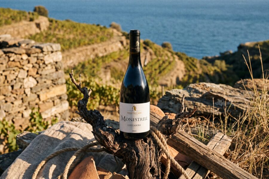 Bouteille de Monestrell Collioure sur une souche de vigne centenaire, terrasses et mer en arrière-plan