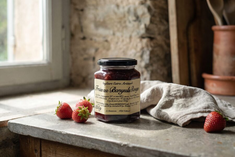 Pot de confiture artisanale de fraise au Banyuls rouge sur un torchon de lin, fraises fraîches