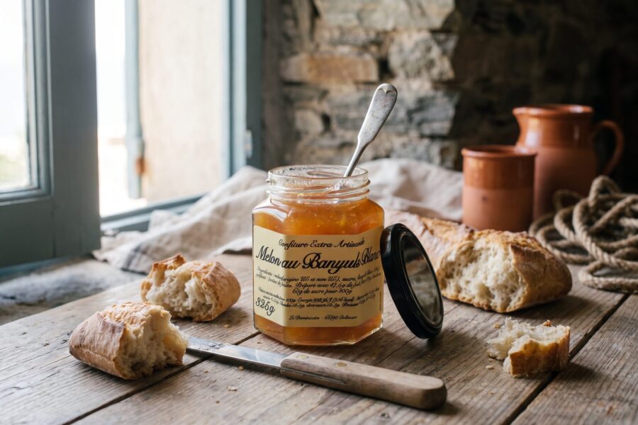 Pot de confiture artisanale de melon au Banyuls blanc sur une table, pain et cruches en terre