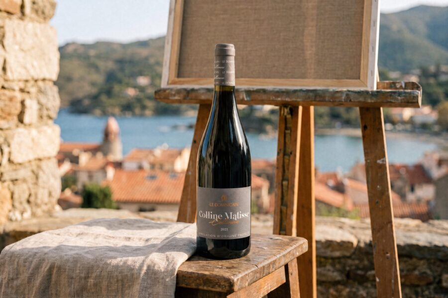 Bouteille de Collioure Colline Matisse devant un chevalet de peintre, vue sur les toits et la baie de Collioure