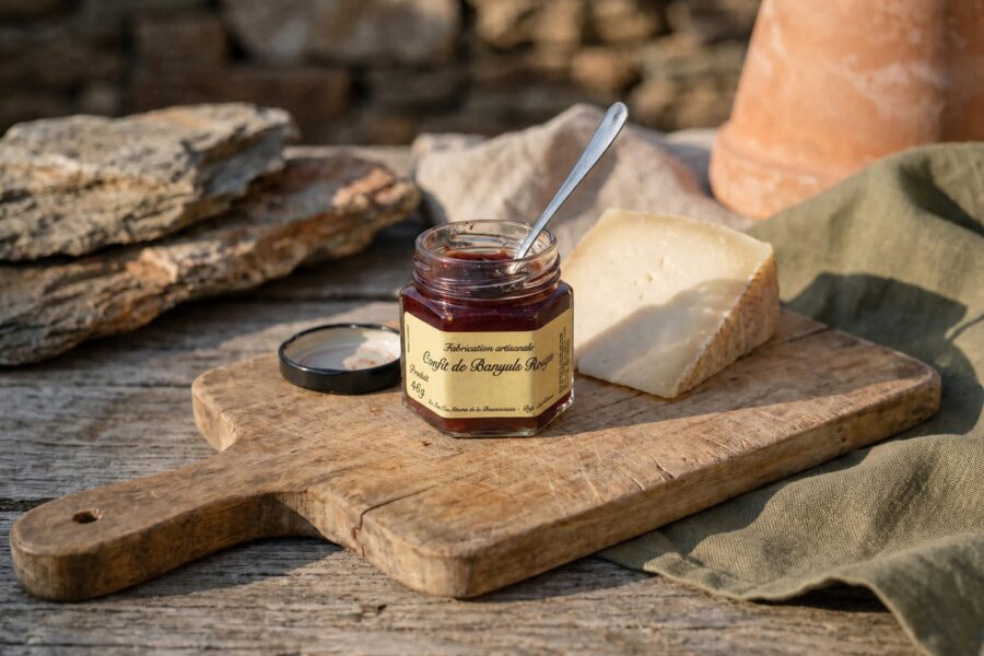 Pot de confit de Banyuls rouge ouvert sur une planche en bois, part de fromage de brebis