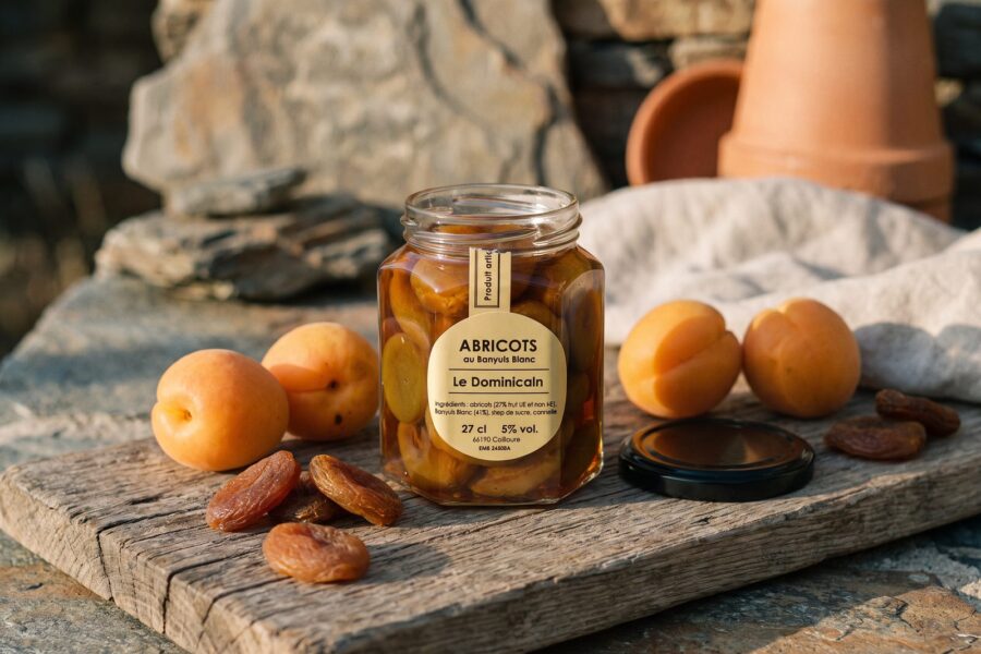Bocal d'abricots au Banyuls blanc ouvert, abricots frais et abricots secs autour