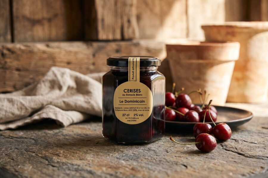 Bocal de cerises au Banyuls blanc, cerises fraîches et pots en terre cuite
