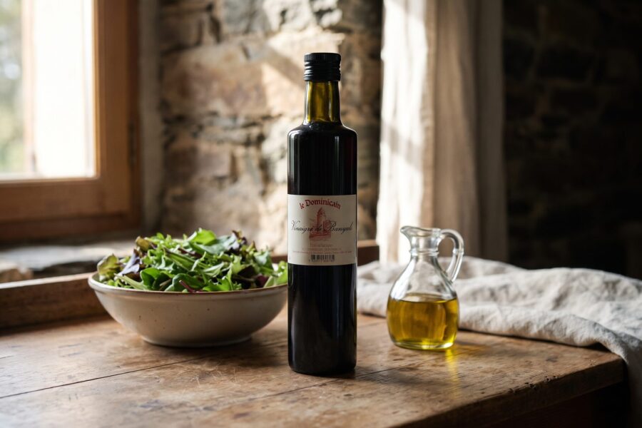 Bouteille de vinaigre de Banyuls à côté d'un saladier et d'un huilier