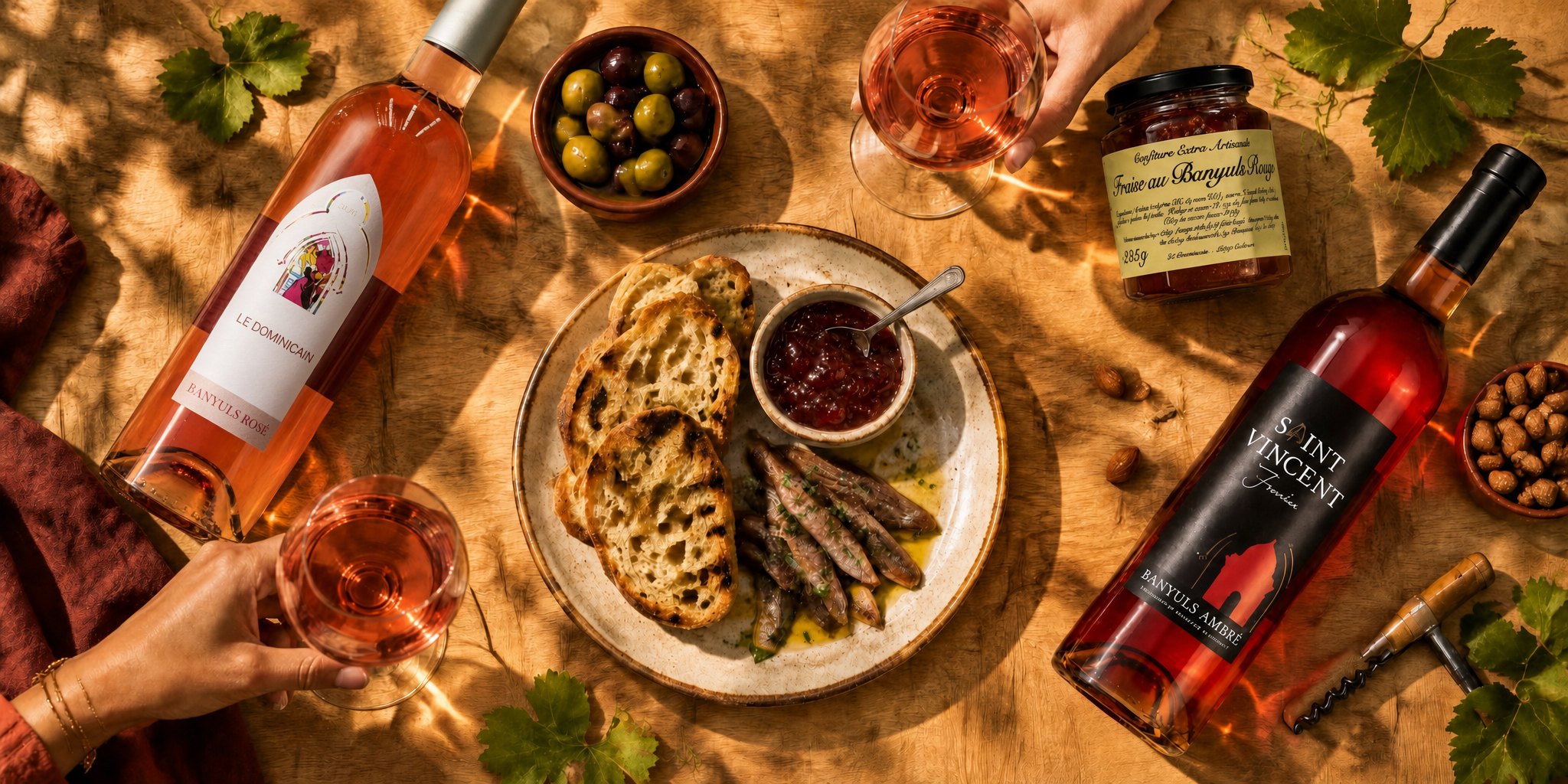 Apéritif vu de haut : Banyuls Dominicain Rosé, Banyuls Saint Vincent ambré, anchois, pain grillé, confiture de fraise au Banyuls et olives